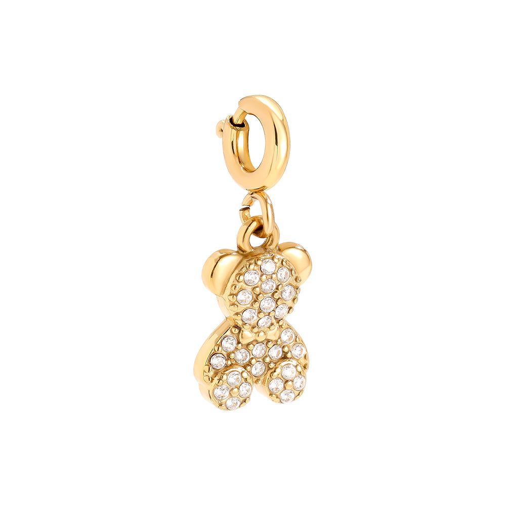 Goldener Teddybär-Anhänger aus 14k vergoldetem Edelstahl mit funkelnden Zirkonia-Steinen und 11mm Karabinerverschluss vor weißem Hintergrund.